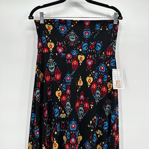 Lularoe Maxi Skirt Womens XS Black Slinky Stretch Multicolor Art Printed - Picture 4 of 11
